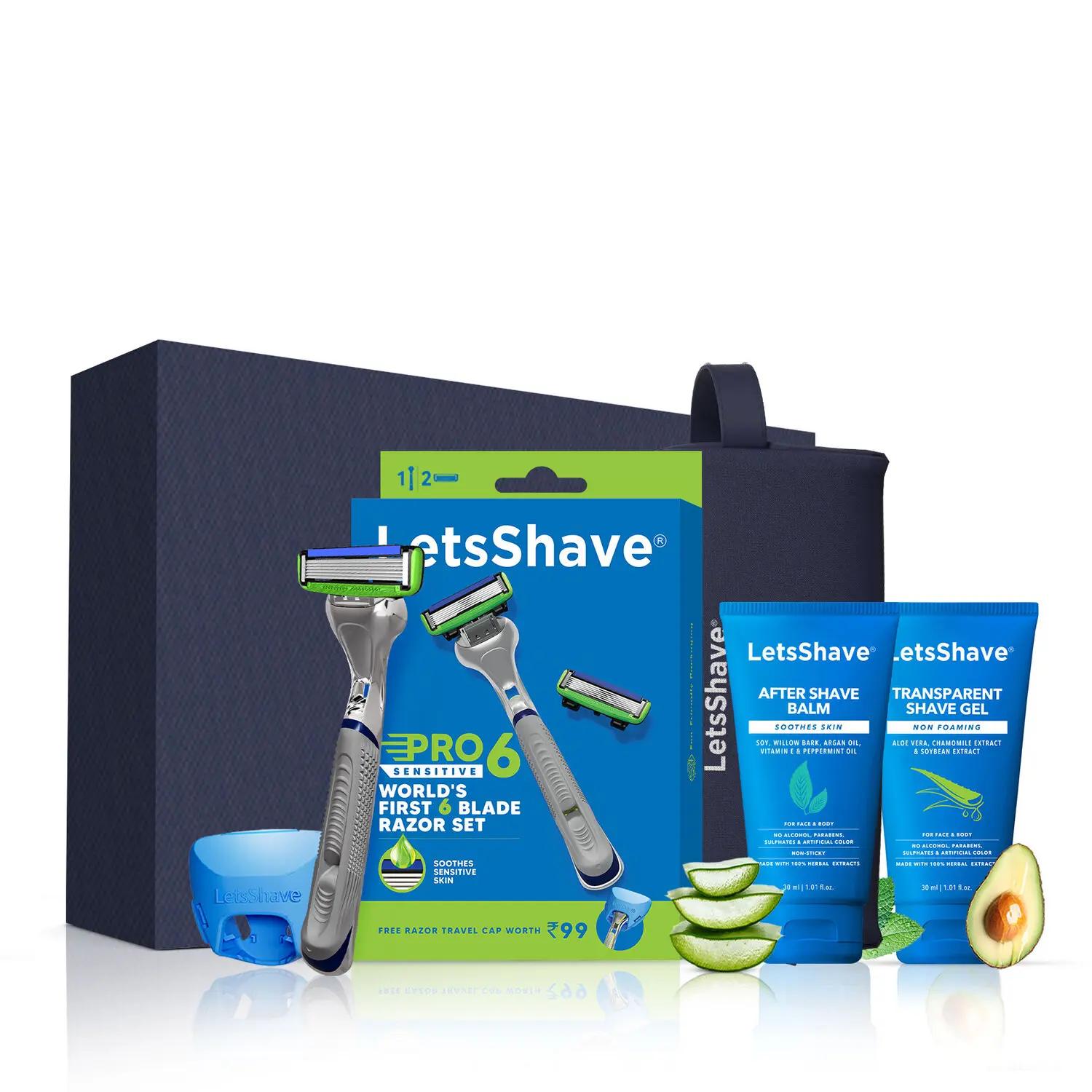 LetsShave Pro 6 Sensitive Premium Gift Set For Men With 1 Razor + Travel Cap + Transparent Shave Gel (30Ml) + 1 After Shave Balm (30Ml) And Travel Pouch, Complete Shaving Kit For Men