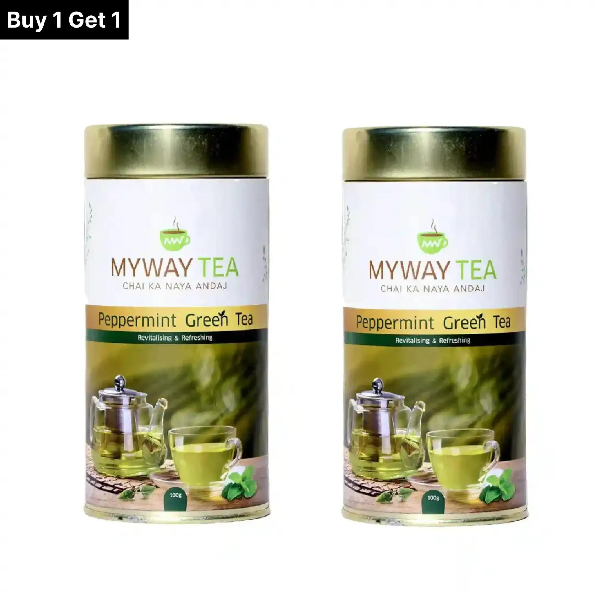 MYWAY TEA Peppermint Green Tea Leaves Loose Leaf Tea, Natural Spearmint Tea | Soothing and Relaxing Herbal Peppermint Tea | Pure Tea Buds Blended with Peppermint | Herbal Infusion Tea, Immune, Low Bitterness, Zero Calories & Improves Metabolism (100Gm) Pack of 2