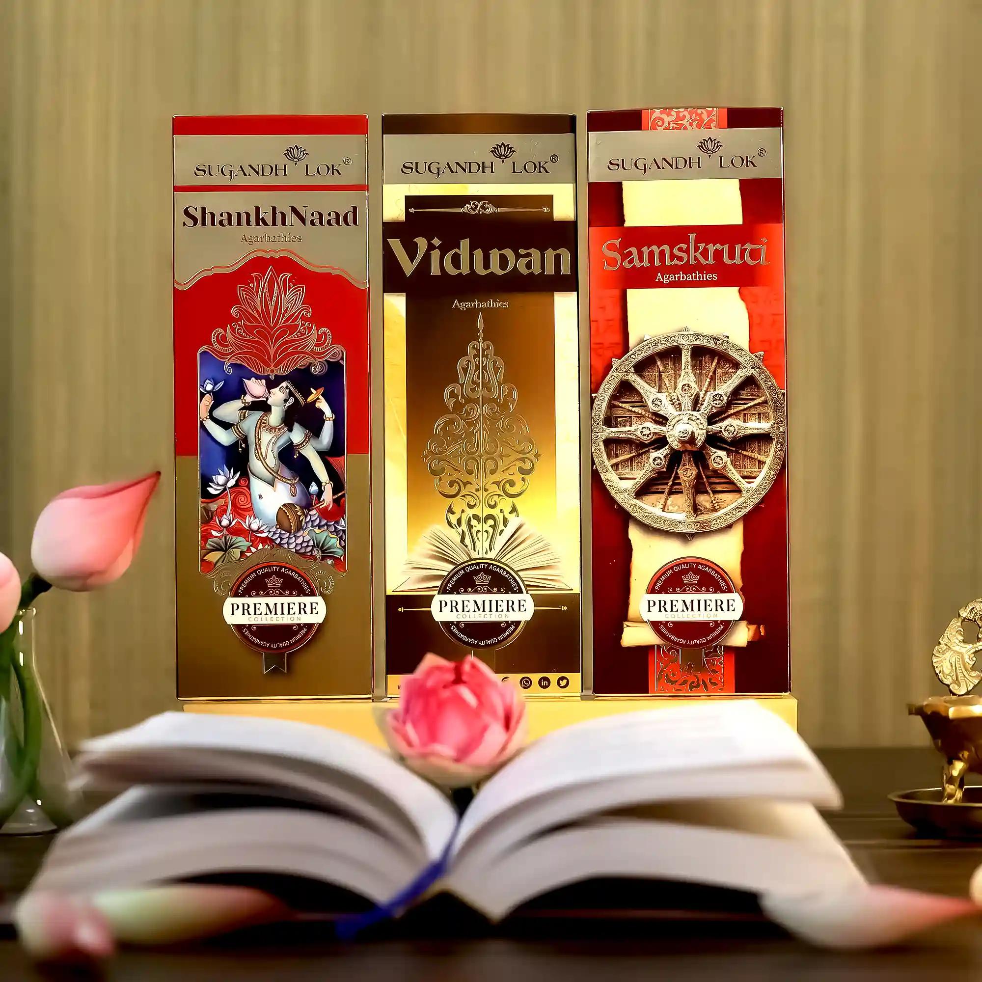 Premium Collection - Divine Chants Incense Sticks | Fragrance - Samskruthi/ Vidwan /Shanknand I Recycled Temple Flowers | Hand-crafted | Non-irritant Smoke - Pack of 3