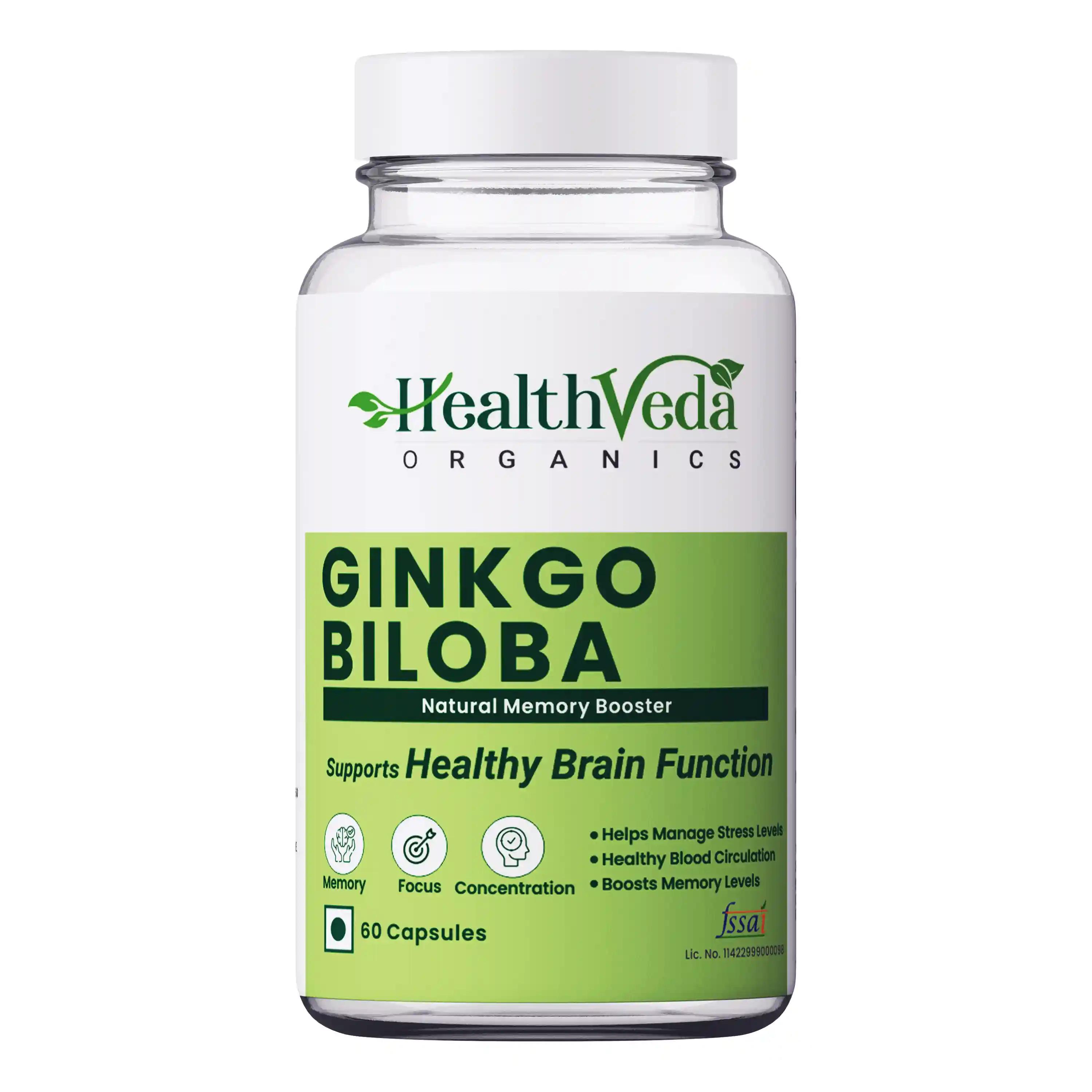 Health Veda Organics Ginkgo Biloba Supplements for Better Concentration, Memory & Learning, 60 Veg Capsules