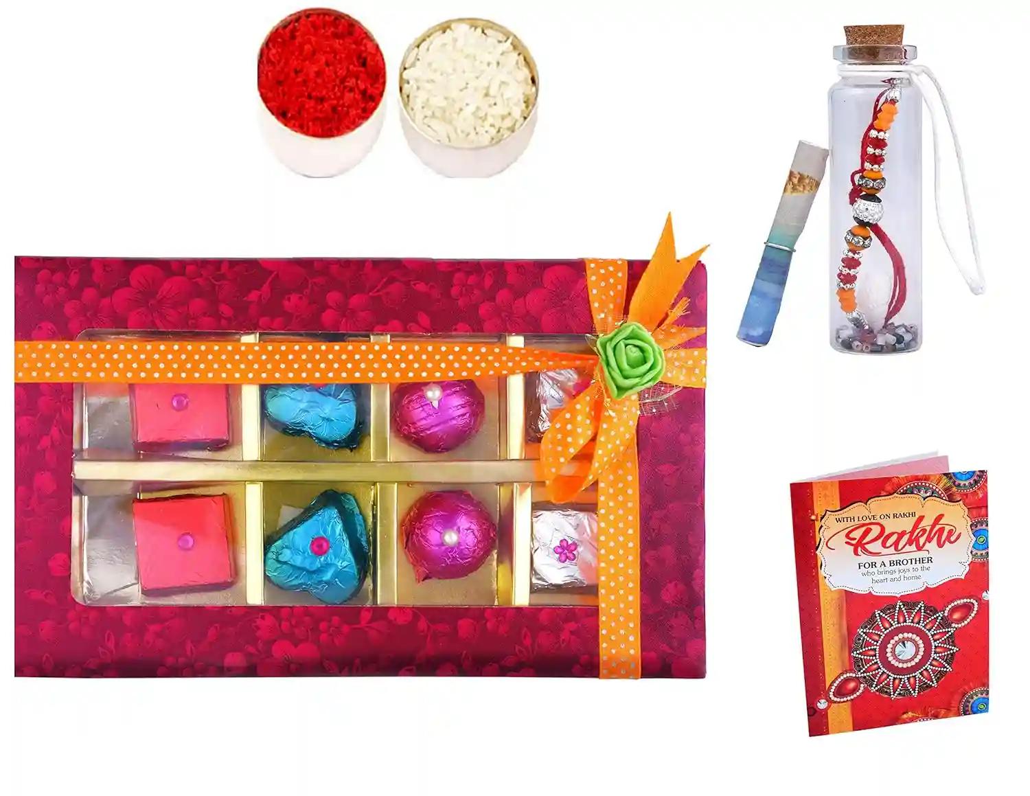 Rakhi For Brother With Gift/Rakhi Gift For Brother/Rakhi Chocolate Gift-Rakhi In A Message Bottle+Handcrafted Chocolates In A Pink Box+Roli+Chawal+Raksha Bandhan Greeting Card