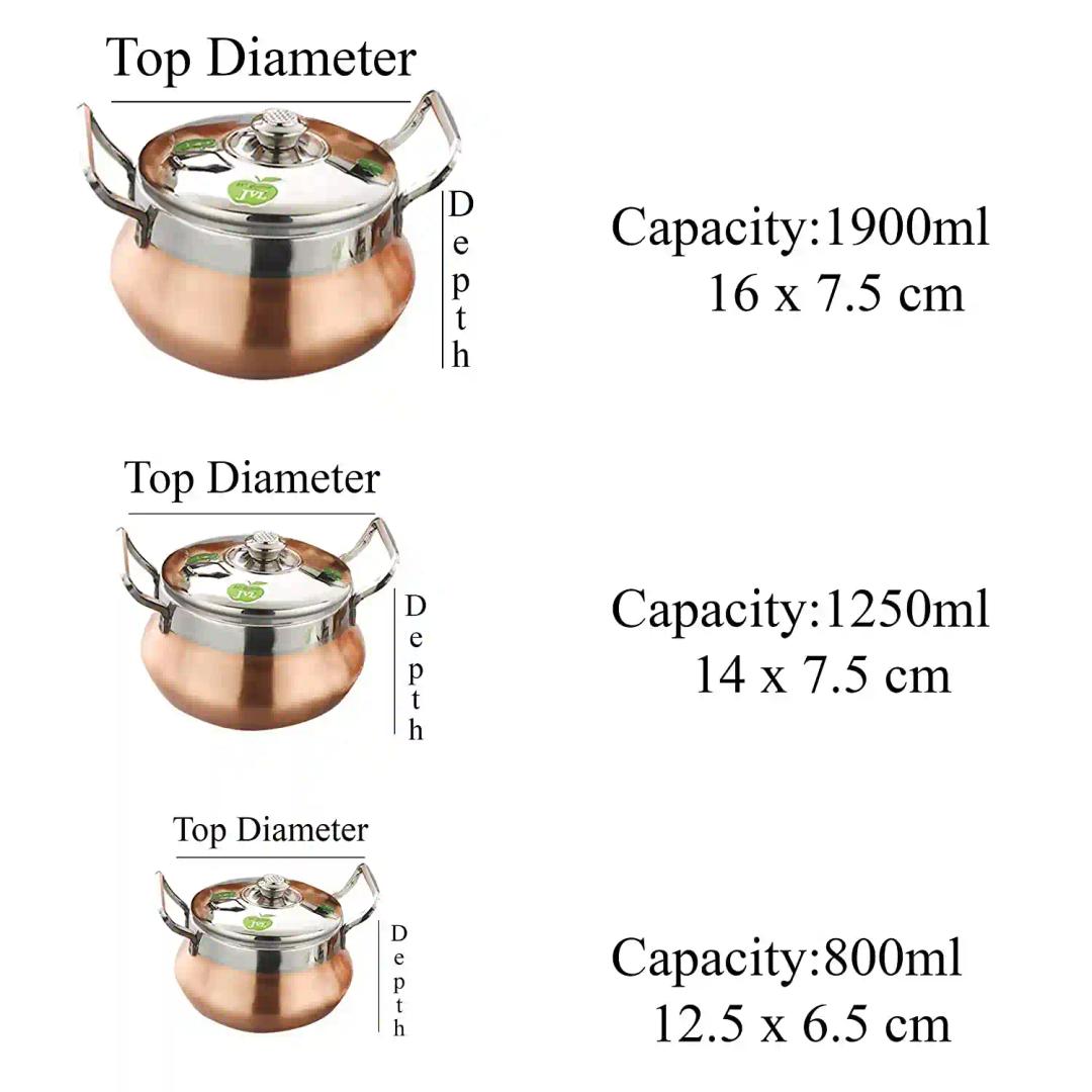 Stainless Steel Induction Cookware Sets & Gas Stove Friendly Cookware & Serveware Essential Utensil Pot Handi Set with Lid 800 Ml, 1250 Ml, 1900 Ml With Full Copper Finish - Set of Three Pieces