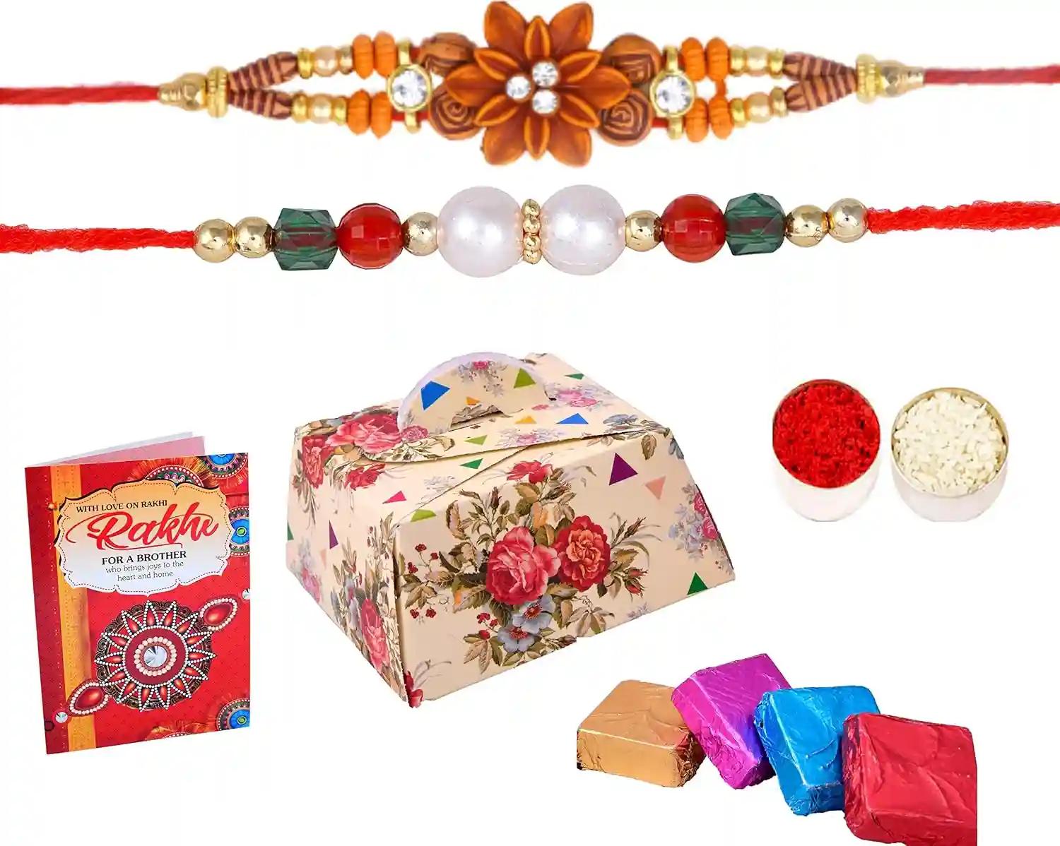 MANTOUSS Rakhi For Brother Combo/Rakhi For Brother With Gift/Set Of 2 Rakhi For Brother-2 Rakhi For brothers Box Of Chocolate+Roli, Chawal+Raksha Bandhan Greeting Card