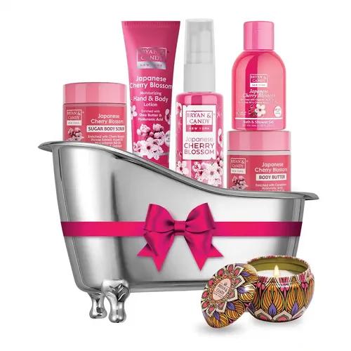 Bryan & Candy Cherry Blossom Bath Tub Kit Gift Set For Women and Men | Shower Gel, Lotion, Scrub, Mist, Butter, Candle - Vegan, pH 5.5, Free from SLS & Paraben