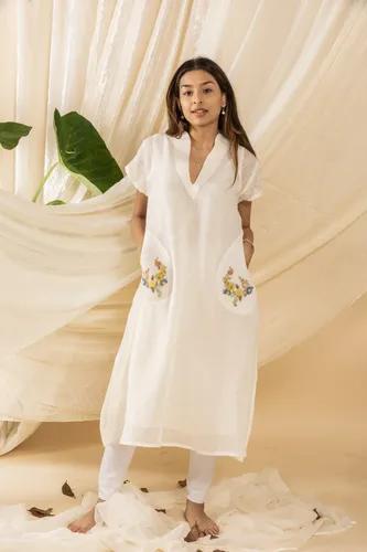 Linen Short Dress With Floral French Knot Embroidery