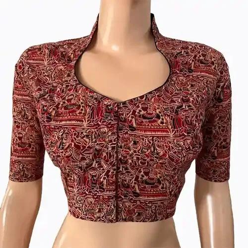 Printed Cotton High Neck Blouse - Multicolor