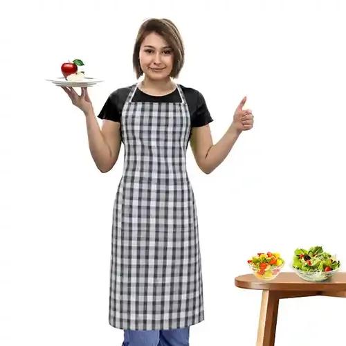 Oasis Grey Small Checked Cotton Kitchen Apron |Free Size | Comfortable To Wear With Center Pocket |Pack Of 1