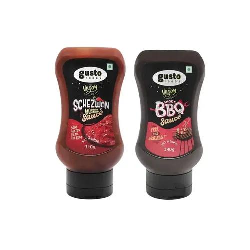 Gusto Foods Schezwan Sauce (310g) And Barbeuqe Sauce (340g) Combo (1 Each) | Tangy Hot Barbeque Sauce with Jain Chinese Schezwan Sauce