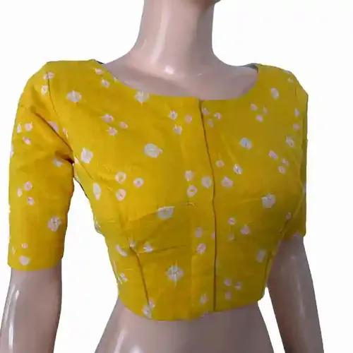 Bandhani Cotton Boat neck Blouse with lining - Yellow