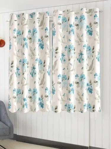 TRANCE HOME LINEN Floral Printed Window Curtain | 6 Feet Parda Living Room Bedroom Office | 100% Cotton 60-66% Room Darkening Curtains | Eyelet Ring Parde (Tashi Blue-Set 2, 6Ft Curtains)