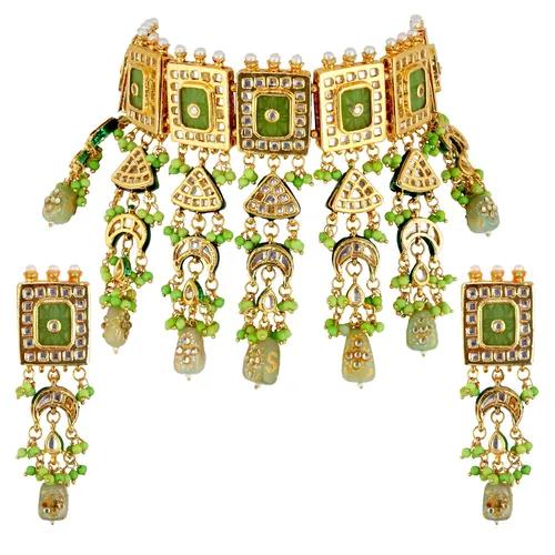 Gold Plated(18k) Square Design Kundan Necklace & Earrings With Small Beads