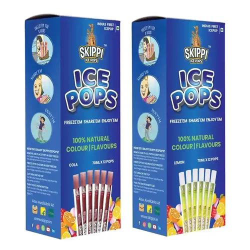 SKIPPI ICE POPS 100% Natural Freezer Pops, Juice Bars, Ice Pops - Cola & Lemon Flavors (12+12 Pops Boxes)