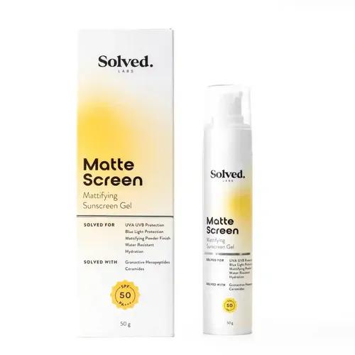 SOLVED LABS Matte Sunscreen Gel SPF 50 PA+++ | Non Greasy, No White Cast, Blue Light Protection, Improves Moisture Rentention | Ceramides, Hexapeptides | All Skin Types| Men and women