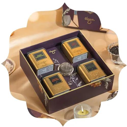 Chayam Tea Tranquility Christmas Gift Hamper | 4 Premium Loose Leaf Tea Tins with Stainless Steel Infuser | Kashmiri Kahwa, Masala Chai, Green Tea, Ginger Lemongrass Herbal Tea | Luxury Tea Gift Set