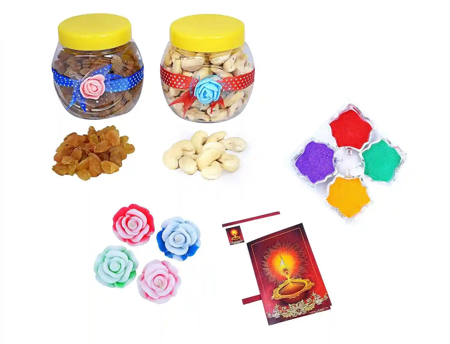 MANTOUSS Deepawali/Diwali Dry Fruit Decorated Jar-Cashew and Raisins(100gms Each),200 GMS + 2 Floating Diya, Diwali Greeting Card and Rangoli Colours