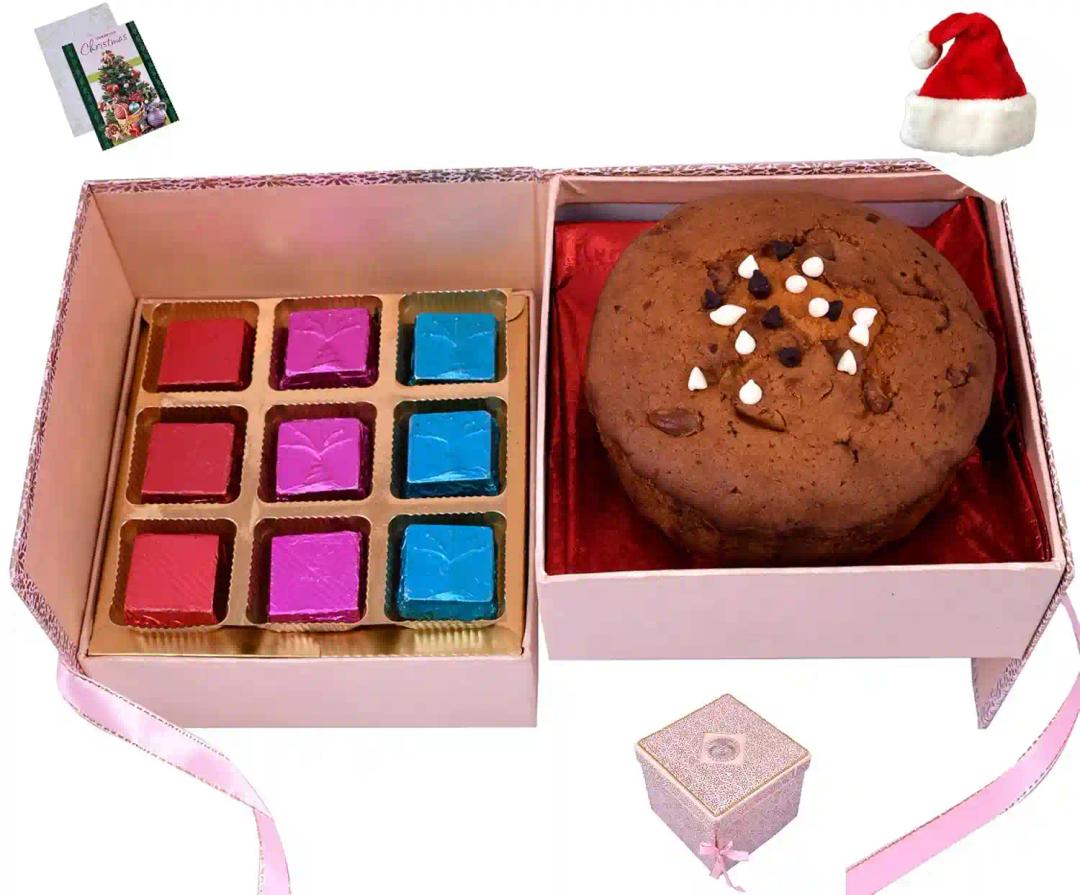 MANTOUSS Christmas gift hamper/christmas gifts/Christmas Double Decker Chocolate Gift Box/Christmas Plum Cake Hamper/Basket + Eggless Plum Cake (200gms) + Christmas Card + Santa Cap