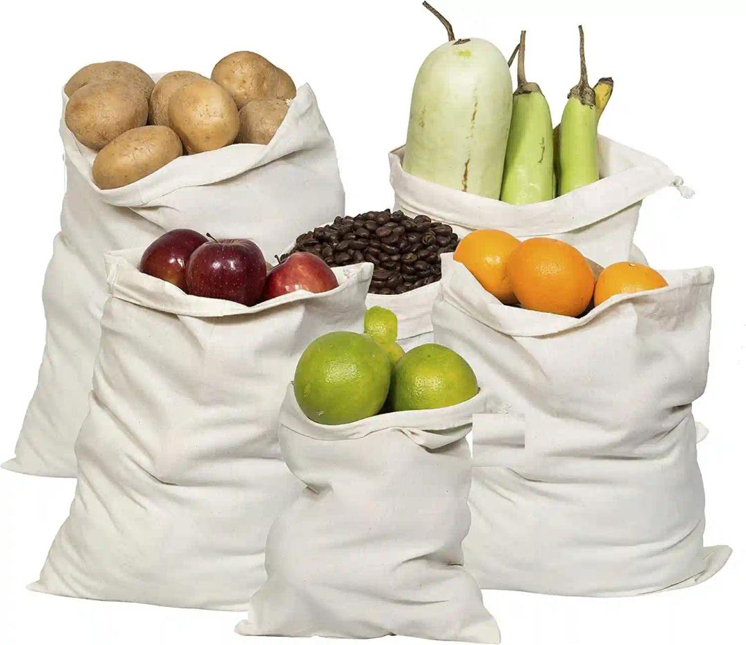 Fab Ellite Cotton Vegetable Bags Fridge Storage Bag Sabji Fruits Pouch Refrigerator Produce bags Clothe Muslin Reusable Washable with Drawstrings.(10 x 13) inch. (FULL COTTON PACK OF 6)