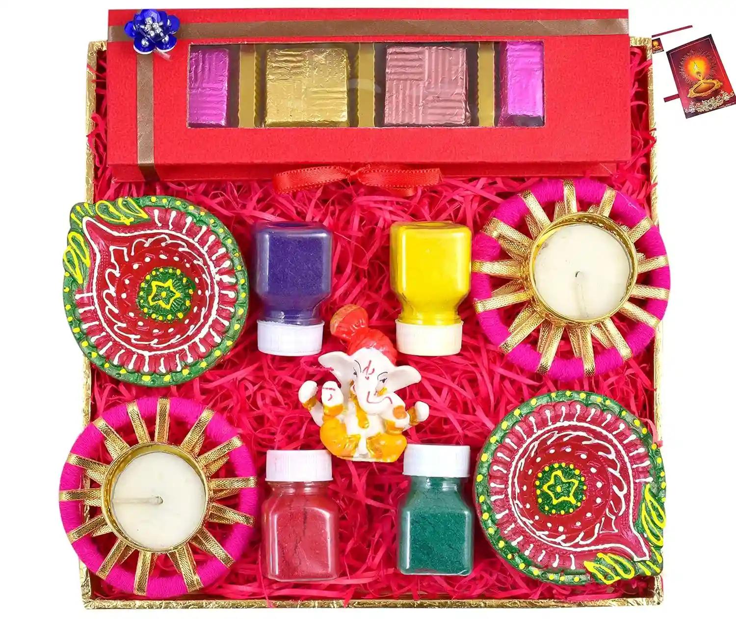 Diwali gift box/Diwali gifts for corportae employees/diwali gift hamper/diwali chocolate gift-decorated tray+Chocolate box+2 earthern diya+2designer diya+Showpiece figurine+Rangoli Colours+Diwali Card