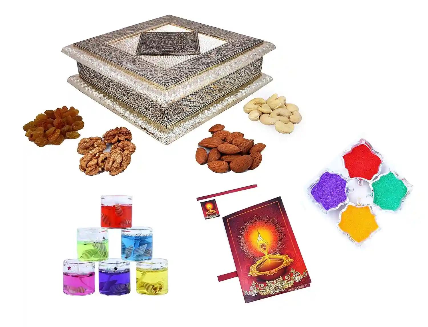 MANTOUSS Diwali Oxidised Dry Fruit Hamper/Pack/Combo-Cashew,Almond,Walnut and Raisin (50gms Each) 200gms + 2 Gel Filled Glass Candle,Diwali Greeting Card and Rangoli Colours