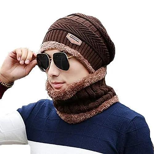 YOUTH ROBE - Premium Brand Knitted Winter Cap & Neck Scarf with fleece,Unisex Beanie Cap with Neck Warmer, Thermal Cap, Fluffy Woolen Cap (set of gloves and cap) Brown