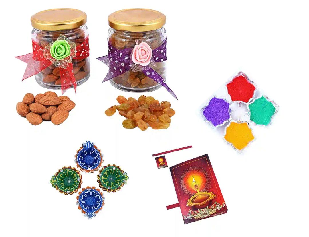 MANTOUSS Diwali Dry Fruit Decorative Glass Jar-Almond and Raisin(100gms Each),200 GMS + 2 earthern Diya, Diwali Greeting Card and Rangoli Colours