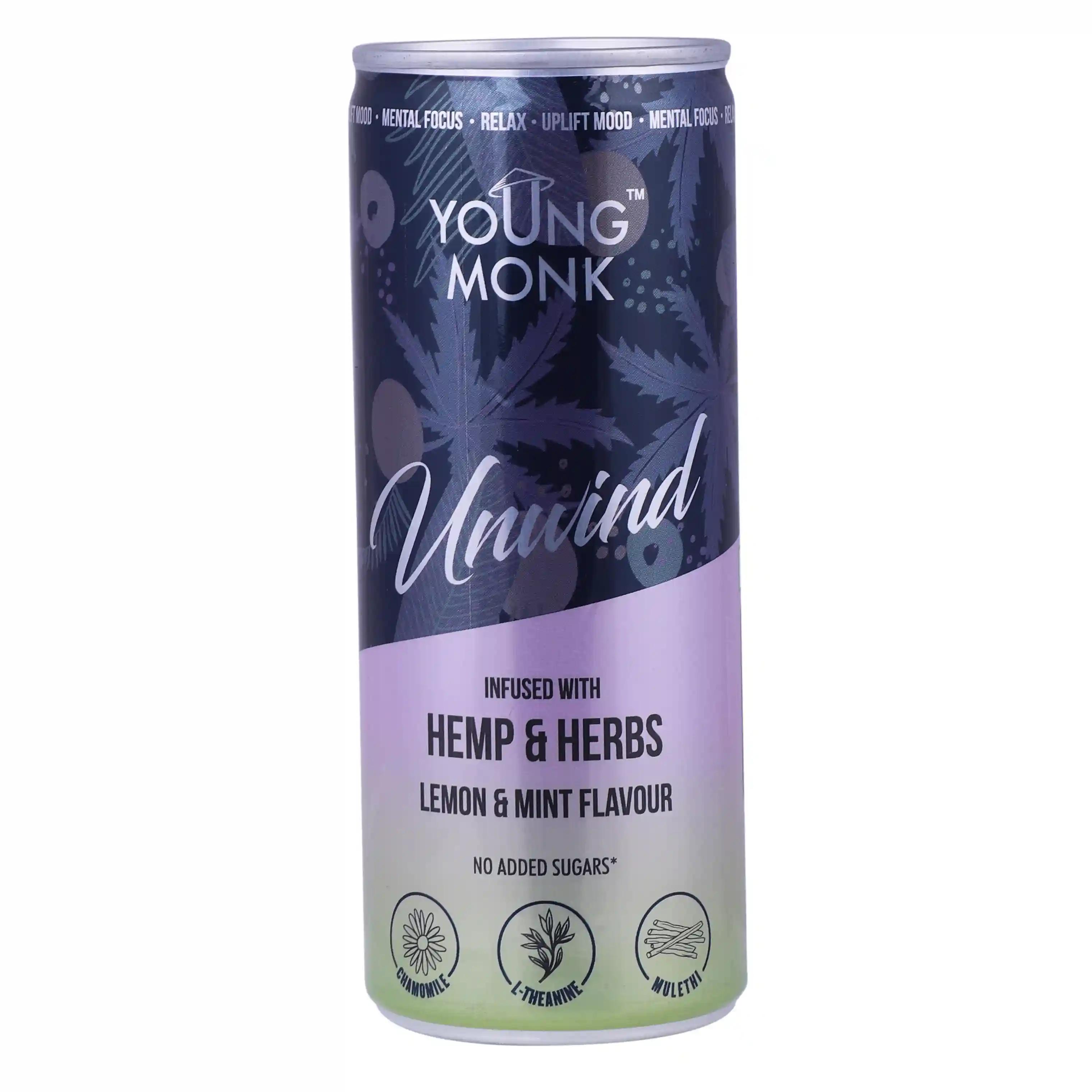 Young Monk Unwind Cans Drink - Lemon & Lavender Flavour - Ready To Serve Fruit Beverage - No Added Sugar - 250 ML (Pack of 6)