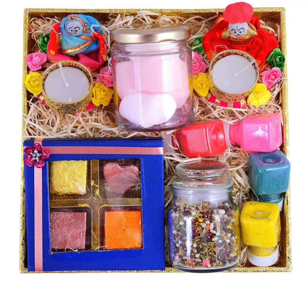 MANTOUSS Diwali Chocolate Gift Hamper/Premium Unique Gift Hamper for Diwali-Decorated Tray+Chocolate Box+Chocolate mukhwas(100gms)+Marshmallow+Pair of Rajasthani Puppet Candle Holder+Rangoli Colours