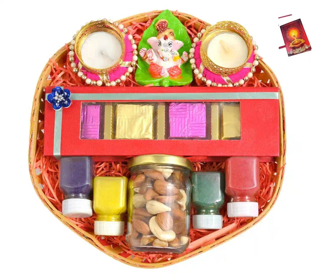 Diwali dry fruits chocolate candy box/diwali gift for corporate gifting-decorated basket+decorated basket+1 jar of mixed dry fruit+1 Showpiece figurine+2 designer Diya+4 Rangoli Colours+Diwali Card