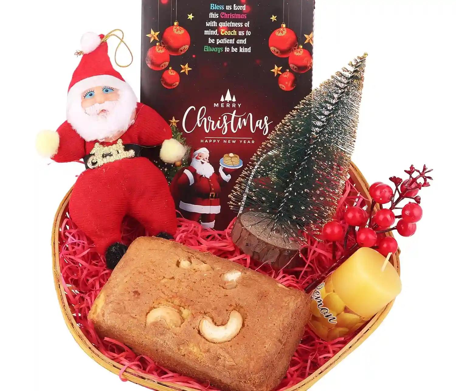 Christmas gift box/Christmas gifts/christmas gift hamper/christmas cake-Plum cake+Santa Clause soft toy+Table top christmas tree+Scented candle+Christmas greeting card