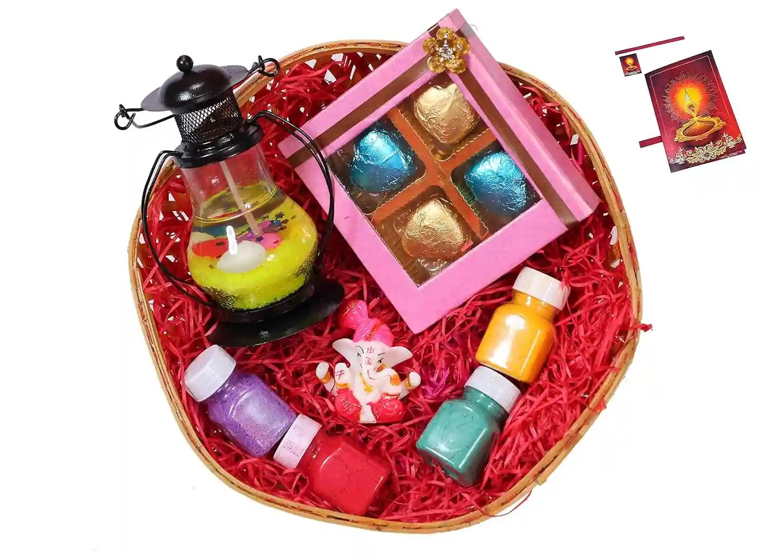 Diwali gift items/Diwali gifts for friends and family/Diwali gift for employees/Diwali gift hamper-Decorated tokri+Handcrafted Chocolate box+gel filled lalten+rangoli colours+Deepawali greeting card