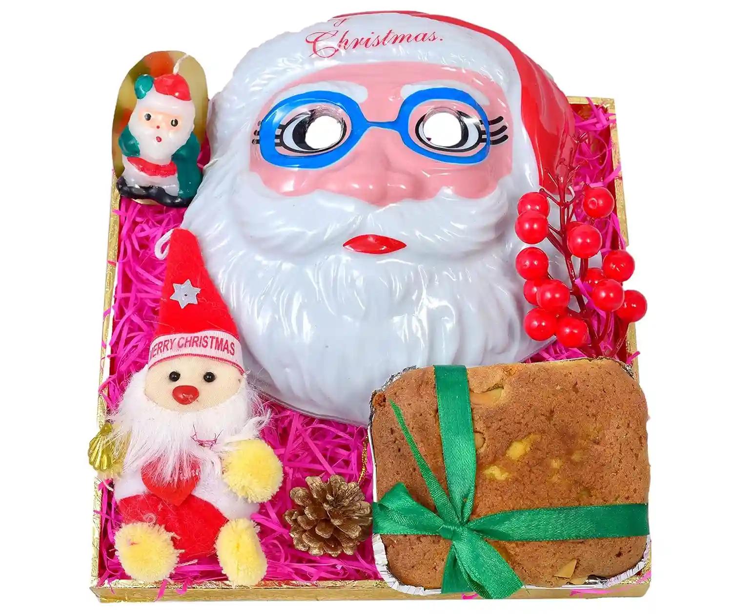 Christmas gift/Christmas cake/Christmas decoration items/christmas gift hamper-150gms cake+Santa claus themed mask+A bunch of cherry+pine cone+Santa claus candle+Santa soft toy+Christmas greeting card