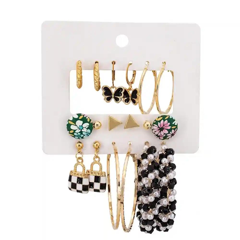 Hoop Earring in Black & White and Gold (Set of 9Pairs)