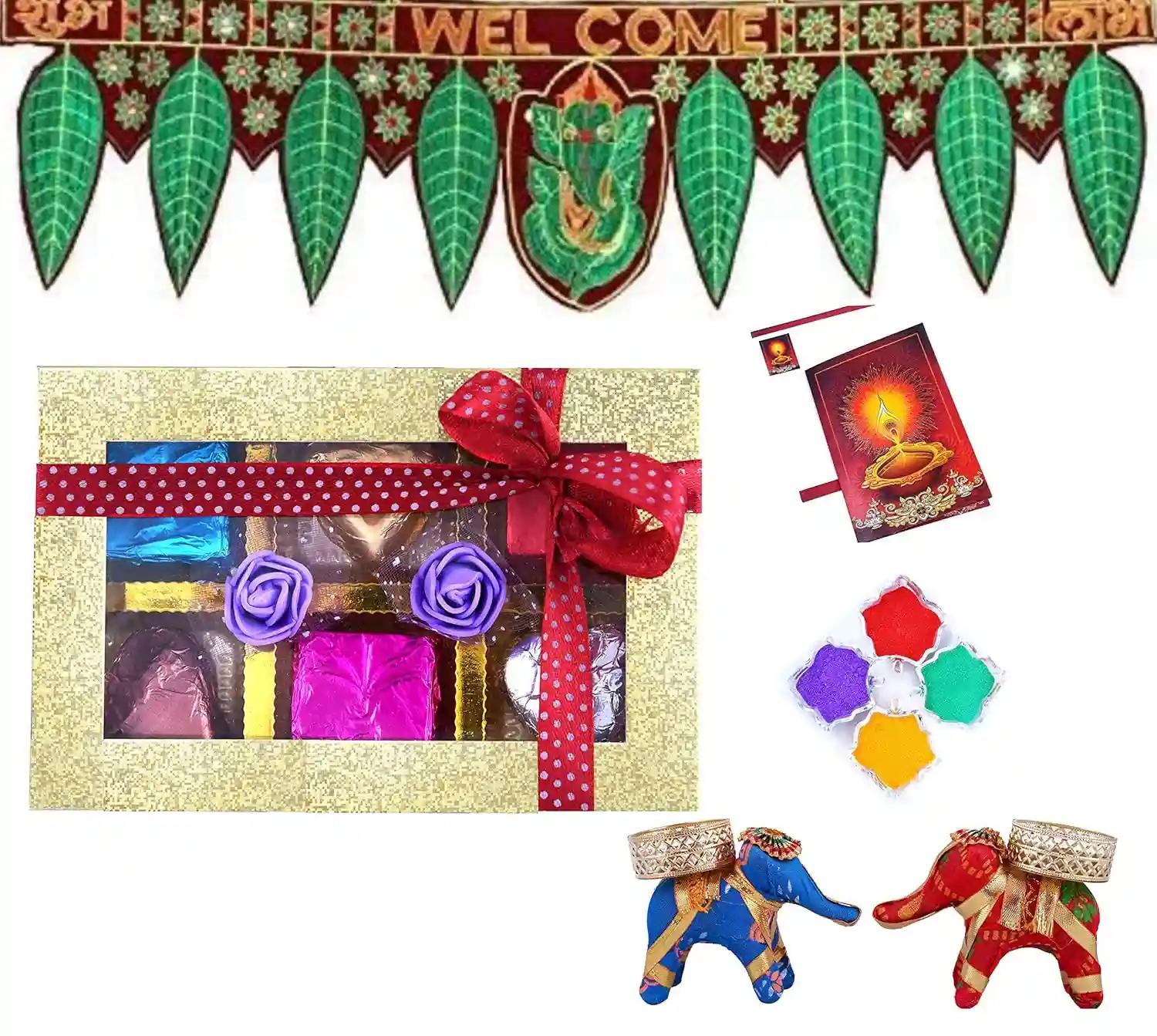 MANTOUSS Diwali Gift Hamper/Chocolate Gift Pack-Handmade choocolate Box+Beautiful Ganesha Toran+Pair of Elephant Candle tealight Holder+4 Rangoli Colours+Diwali Greeting Card