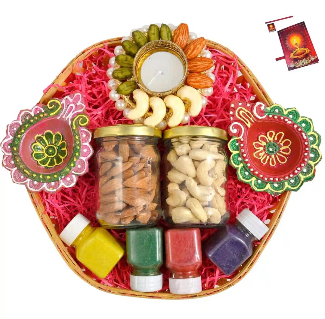 Diwali dryfruit gift box/diwali dry fruit tray/diwali dry fruit gift hamper-decorated basket+2 Jars of Dry Fruits(Almond and Cashew)+Designer candle holder+2 decorative diya+4 Rangoli Colours+Card