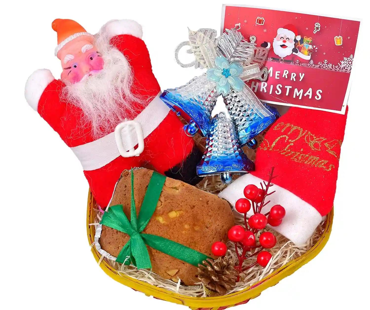 Christmas Gift Basket/Christmas Gifts/Christmas Cake-Decorated Basket+150gms Cake+Santa Claus Soft Toy+Christmas Decorative Bells+Bunch of Decorative Cherry+Pine Cone+Santa Claus Cap+Christmas Card