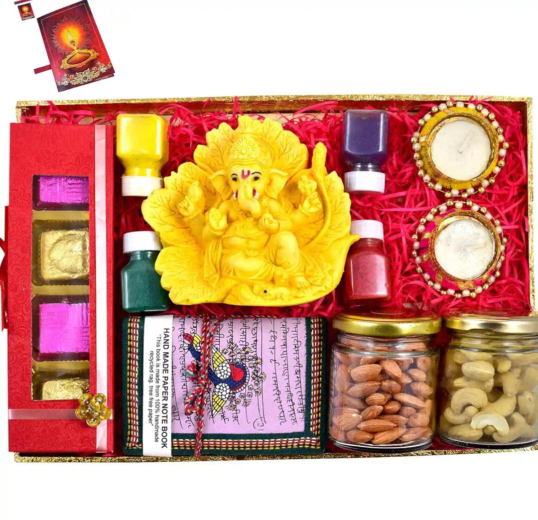 Diwali dry fruits gift box/Diwali Gift hamper/Dry Fruits Diwali gift pack/Dry fruits-100gms of cashew+100gms of almonds+chocolate box+Showpiece figurine+Handmade diary+Moti candle+Rangoli Colours+Card