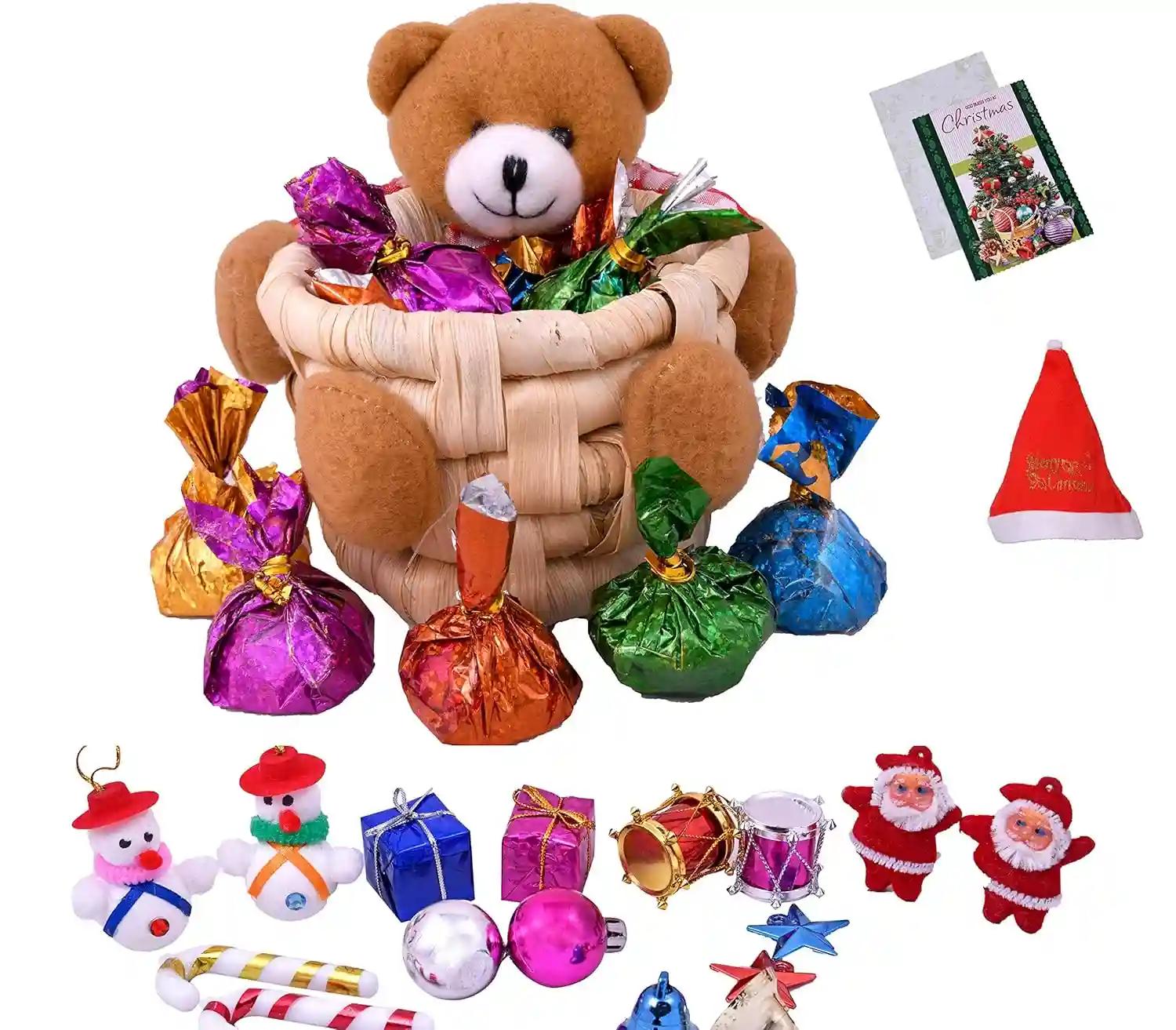 MANTOUSS Christmas Gift in Teddy Basket-Chocolate in a Basket of Teddy Bear + Christmas Tree Decoration Set + Christmas Card + Santa Cap