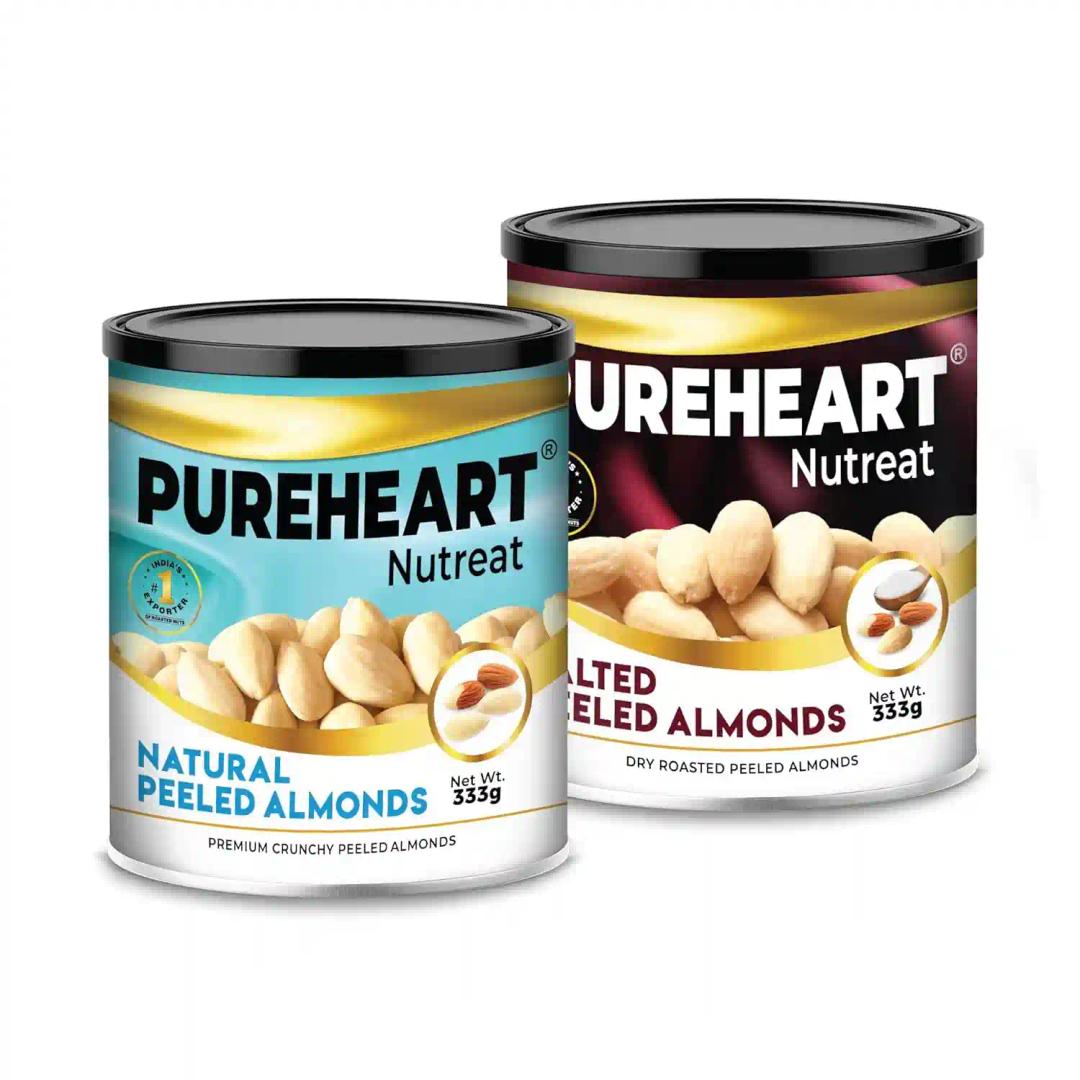 PUREHEART Nutreat Combo of Peeled Almonds Natural and Salted Roasted Almonds (333 gm, Each) Whole Blanched California Premium Almond Nuts Without Skin/Dried Badam/Dry Fruit