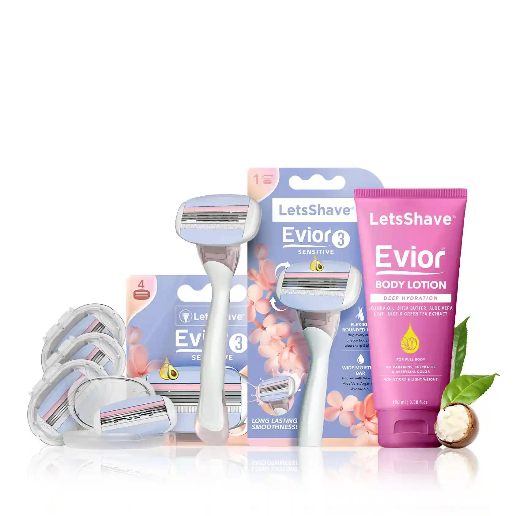 LetsShave Evior 3 Value Kit For Women( Evior 3 Razor+ 4 Blades+100 ML Body Lotion