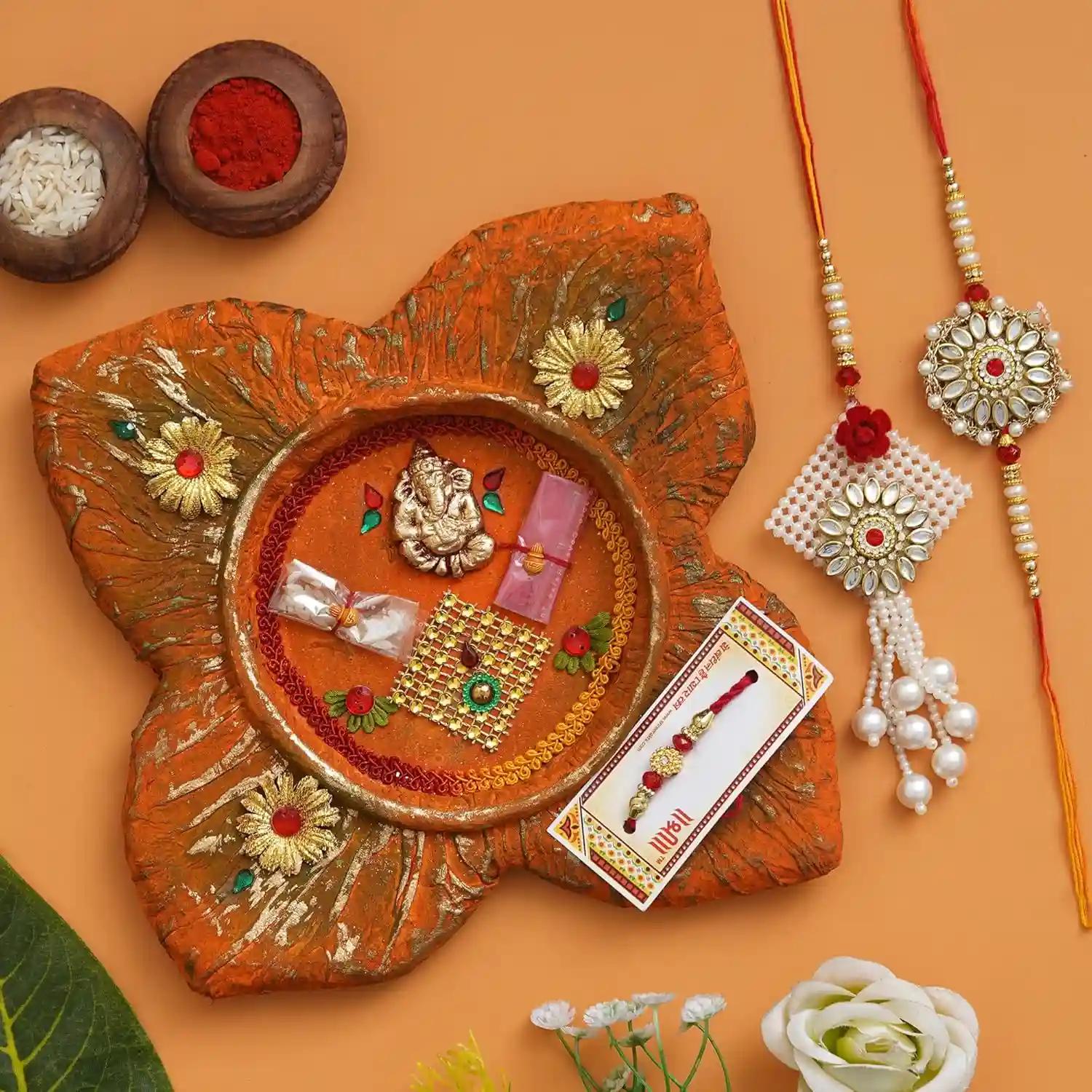 WEBELKART Ganesha Puja Thali Set with Rakhi for Bhaiya and Bhabhi for Diwali Poojan/Pooja Room/Diwali Gifting | Gift for Brother and Sister