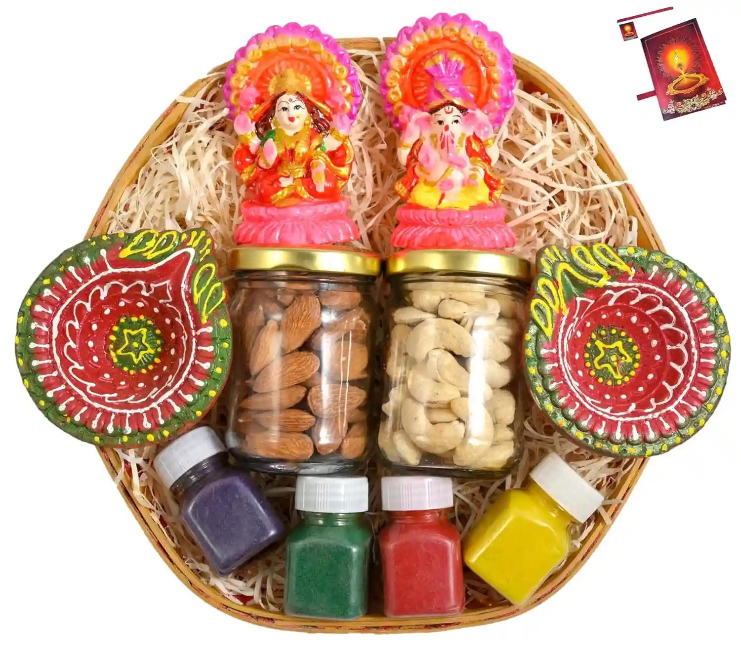 Diwali gift items/diwali dry fruits gift box/diwali dry fruits tray/diwali gift-decorated basket+2 Jars of Dry Fruits(Almond and Cashew)+Showpiece figurine+2 decorative diya+4 Rangoli Colours+Card