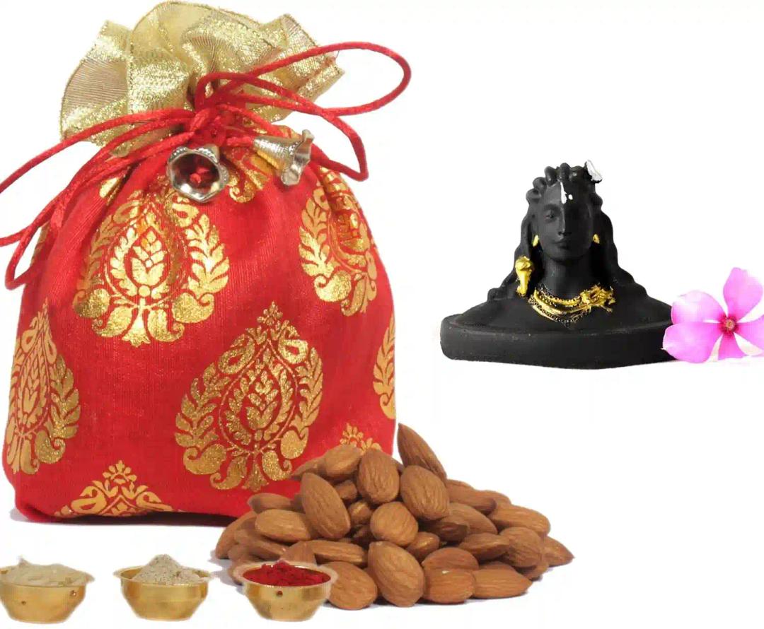 Bhai dooj gift set for brother/bhai dooj gift hamper/bhai dooj gifts for set/bhai dooj gift set/bhaiya dooj roli chawal-designer potli+almonds(50 gms)+showpiece figurine+roli, chawal and chandan