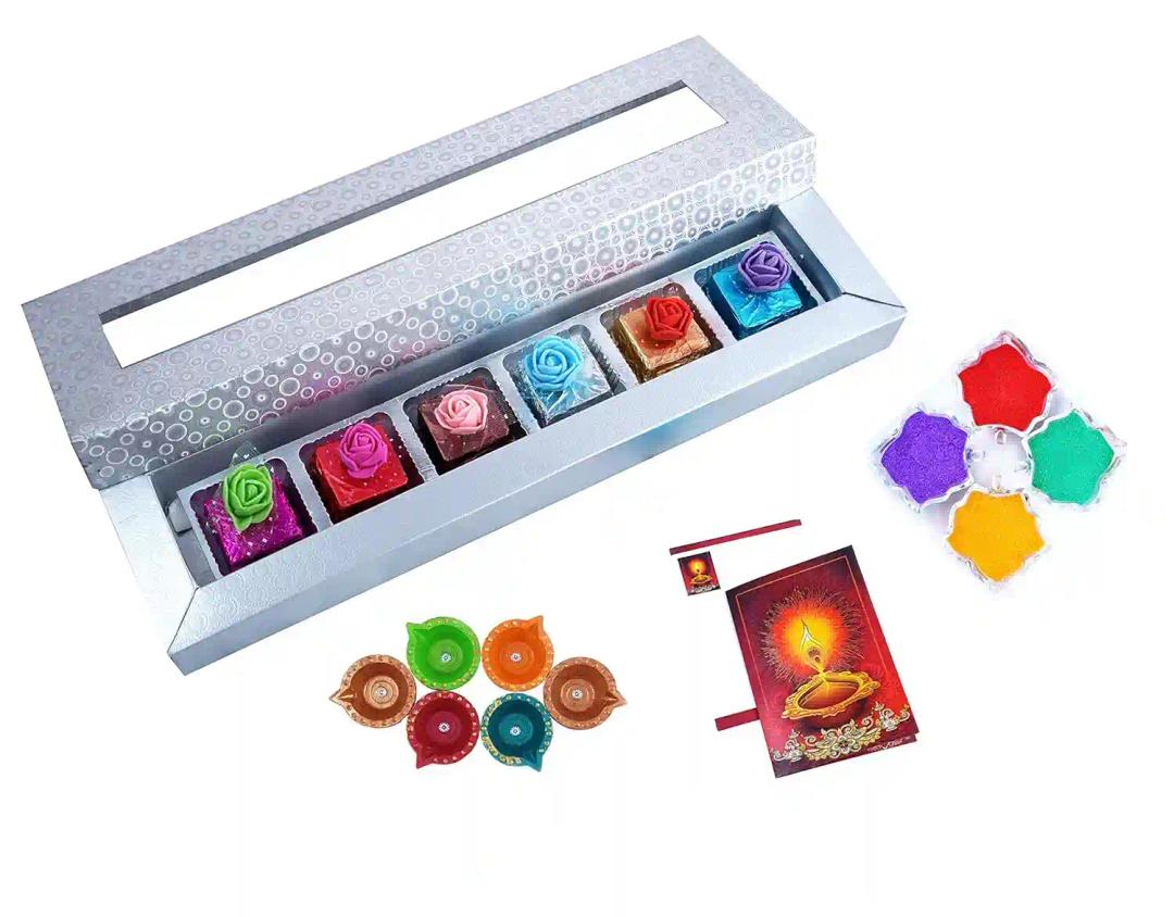 MANTOUSS Deepawali Luxury Chocolate Hamper (Silver) + 2 Cute Diya, Diwali Greeting Card and Rangoli Colours