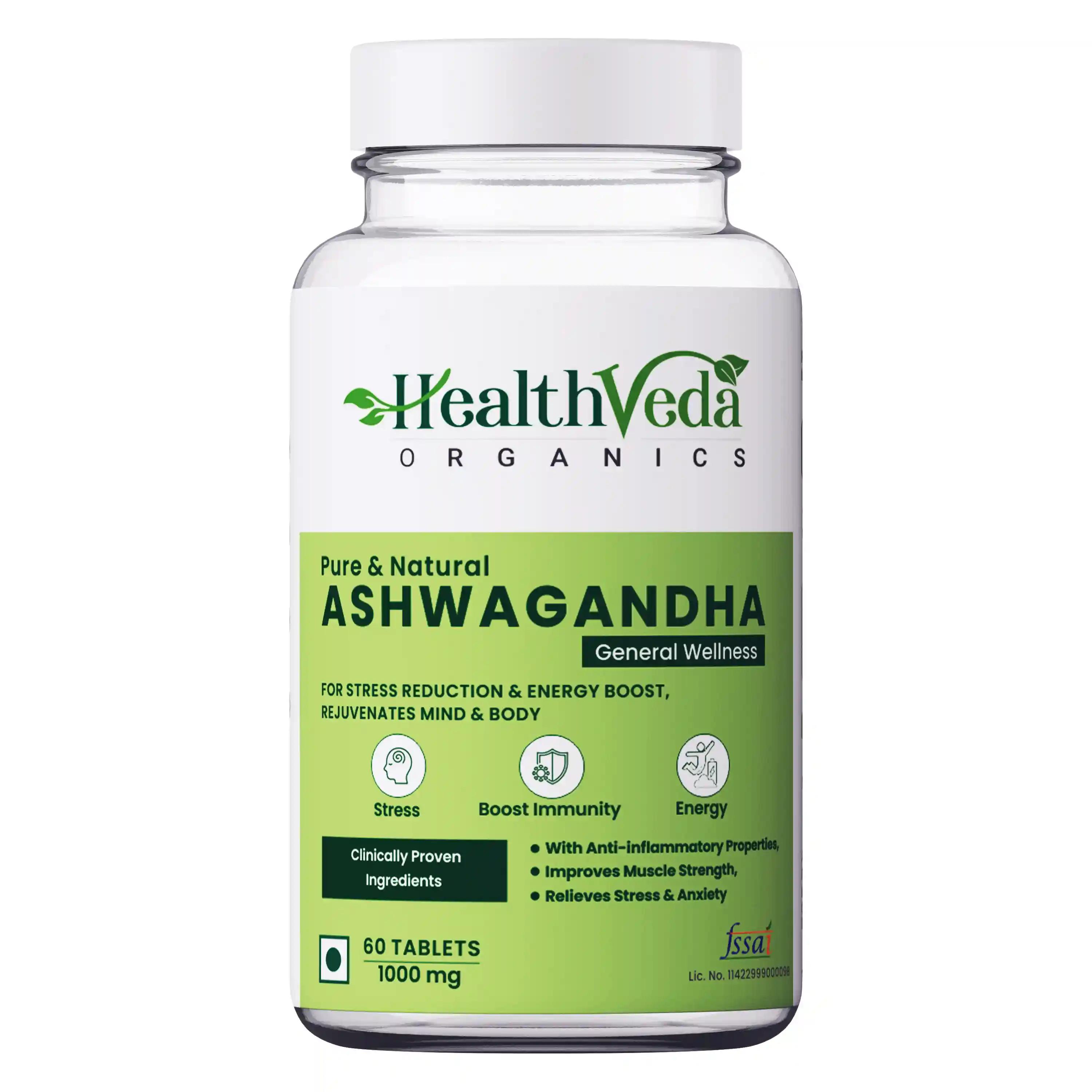 Health Veda Organics Ashwagandha 1000mg | High Strength Potent Formula | Boosts Immunity & Energy | Rejuvenates Mind & Body | 60 Veg Tablets | For Men & Women