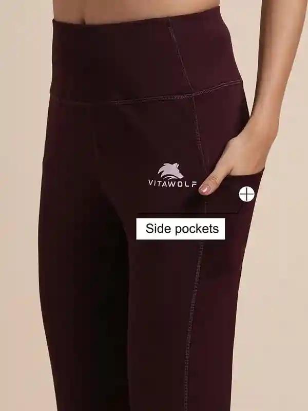 VITAWOLF Women's Tight Gym Wear with Two Side Pocket | Track Pants Ideal for Active Wear, Yoga and Workout | Stretchable Gym Pants for Women | Maroon (Small)