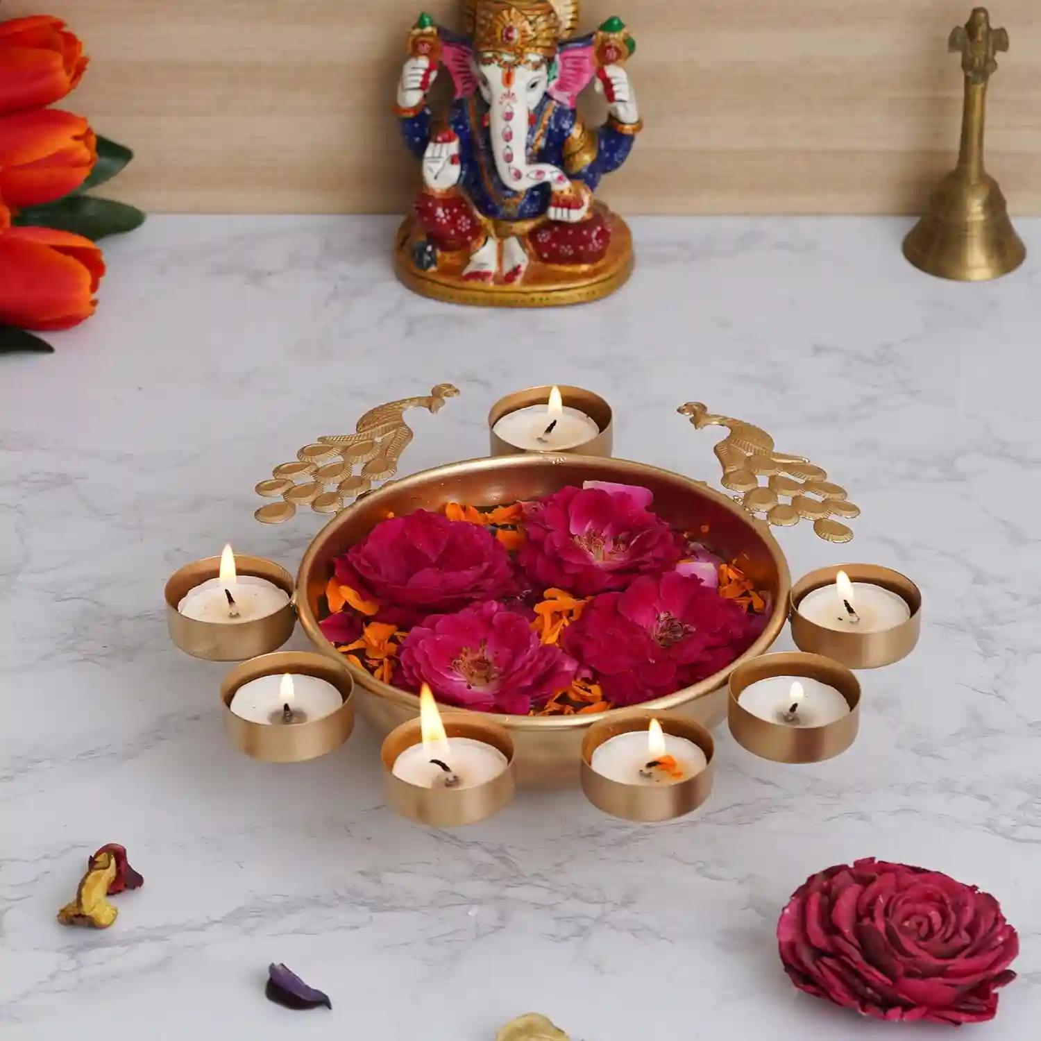 WEBELKART Decorative Round Peacock Shape Urli Bowl for Home Beautiful Handcrafted Bowl for Floating Flowers and Tea Light Candles Home,Office and Table Decor Special for Diwali Gift (9.5 Inches)