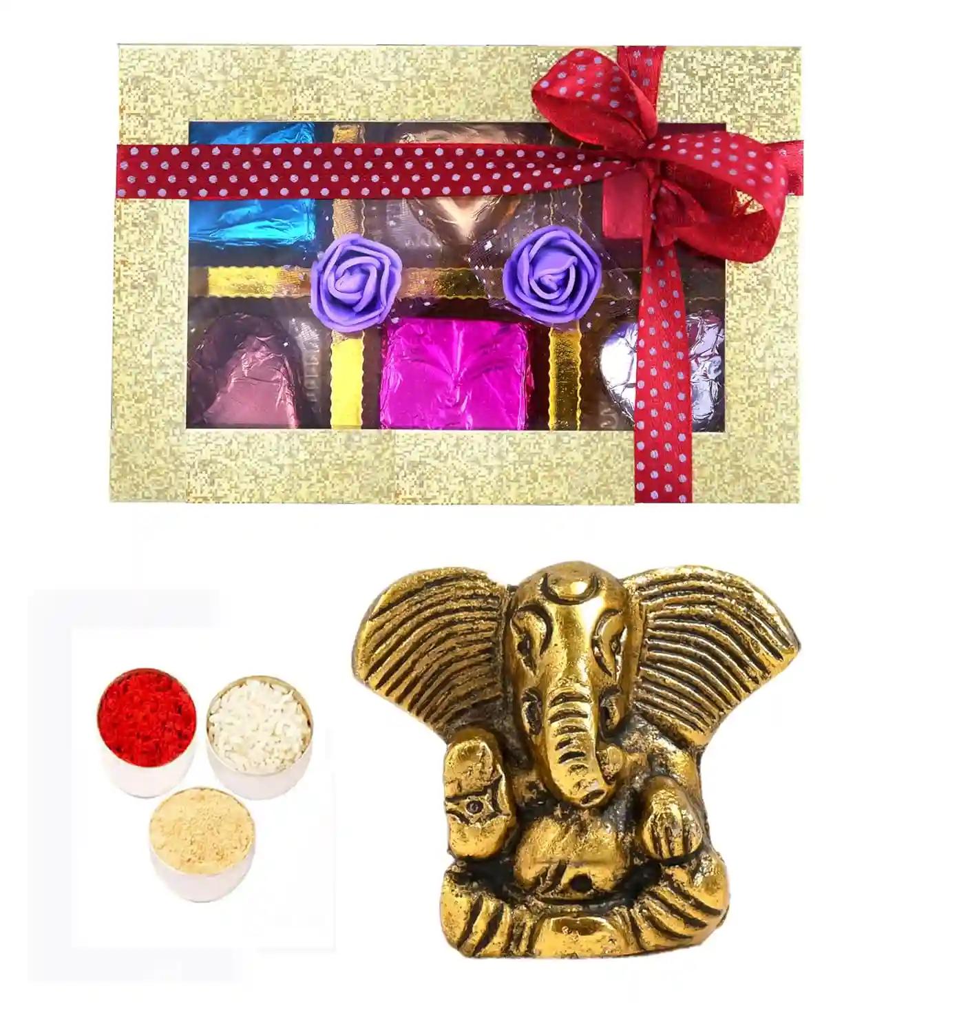 Bhaiya dooj roli chawal/bhaiya dooj tika set/bhai dooj gift set for brother/bhai dooj gift hamper/bhai dooj roli chawal-chocolate box+Showpiece figurine+roli,chawal and chandan