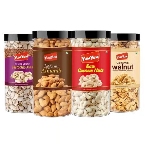 YUM YUM Premium Dry Fruits Combo Pack of 4 | California Almonds 500g,Roasted Salted Pistachios 500g, Cashew 500g, Walnut Kernels 350g | Healthy Dry Fruits Snacks