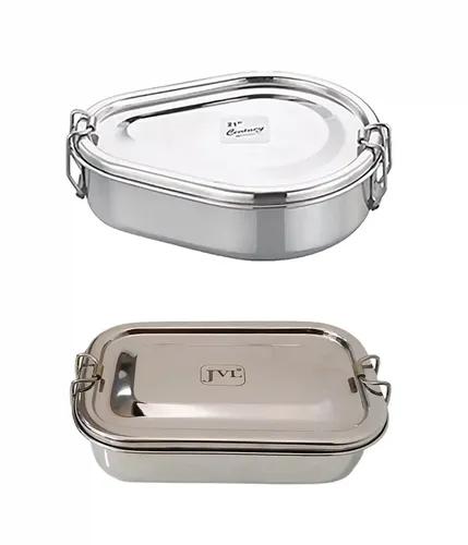 Jvl Stainless Steel Rectangular & Drop Single Layer Combo Lunch Box With Inner Plate Small - Set Of 2