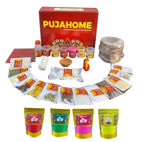 Pujahome Holi Pujan Samagri Kit (25+ Items) | Complete Holika Pujan Samagri Kit + 4 Pack of Natural Gulal Holi Puja Kit